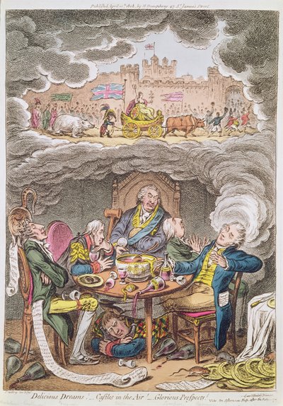 Sogni deliziosi! Castelli in aria! Prospettive gloriose! vide Un pisolino pomeridiano dopo la fatica di una cena ufficiale, cartone che raffigura Lord Portland e i suoi ministri, 1808 da James Gillray